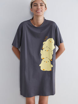 Bisiklet Yaka Bask?l? Oversize Kad?n Gecelik