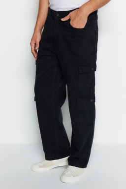 TRENDYOL MAN Siyah %100 Pamuk Genis Kal?p Kargo Cepli Jeans Bol Kot Pantolon TMNAW24JE00026