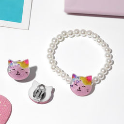 Набор детский «Выбражулька», 2 предмета: клипсы, браслет, котик, белы-розовый