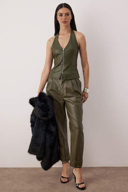 Haki V Yaka Suni Deri Fermuar Detayl? Party Bluz TPRAW26BZ00068 - Trendyolmilla фото 2