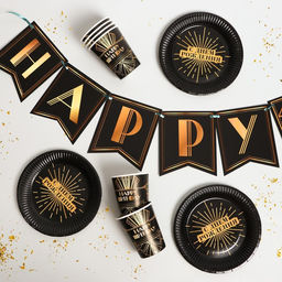 Посуда одноразовая бумажная Happy party, 6 тарелок, 6 стаканов, 1 гирлянда