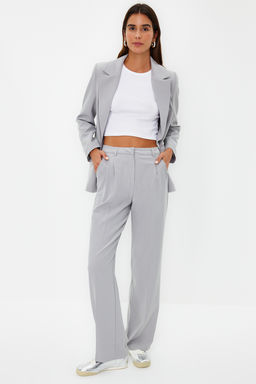 Limited Edition Gri Straight/Duz Kesim Pilili Dokuma Pantolon TWOAW23PL00401