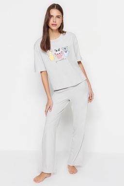 Trendyolmilla Lila %100 Pamuklu Eglenceli Bask?l? T-shirt-Pantolon Orme Pijama Tak?m? THMSS23PT00134 фото 11