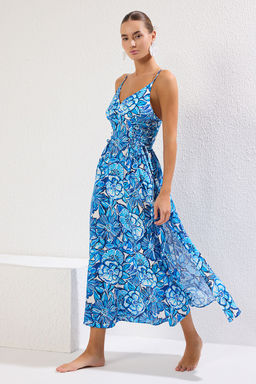 Cicek Desenli Dokuma Baglama Detayl? Maxi Plaj Elbise TBESS24EL00098