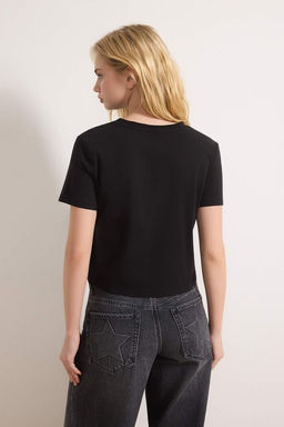 Gri Melanj-Siyah 2li Paket %100 Pamuk Crop Bisiklet Yaka Orme T-Shirt TWOSS20TS1480