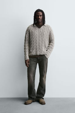 CABLE KNIT POLO SHIRT WITH DISTRESSED EFFECT