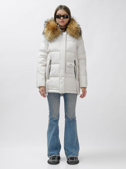 Куртка зимняя Visdeer 3215SB женская светло-бежевая с мехом енота утеплитель 220 г/м²  фото 2