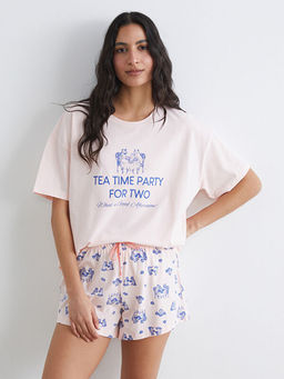 Bisiklet Yaka Bask?l? Kad?n ?ortlu Pijama Tak?m?