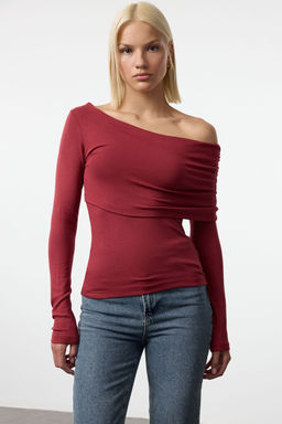 Trendyolmilla Siyah Asimetrik Yaka Fitted/Vucuda Oturan Esnek Orme Bluz TWOAW25BZ00262  фото 2