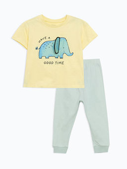 Bask?l? Erkek Bebek Ti??rt ve E?ofman Alt? 2li