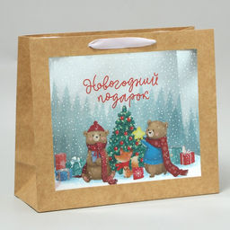 Пакет крафтовый с пластиковым окном Подарок, 31 х 26 х 11 см