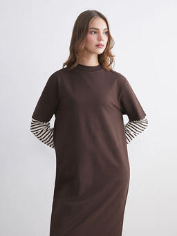 Dik Yaka ?izgili Sweat Elbise