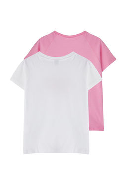 Beyaz-Pembe 2li K?z Cocuk %100 Pamuk Slogan Bask?l? K?sa Kol Orme T-Shirt TKDSS25TS00091 - Trendyolmilla фото 2