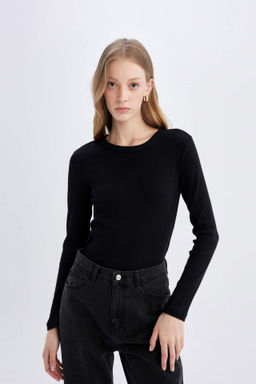 Slim Fit Dar Kesim Bisiklet Yaka Fitilli Kaskorse Basic Duz Uzun Kollu Tisort - Defacto фото 2
