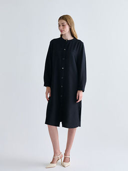 Bisiklet Yaka Keten G?r?n?ml? Elbise