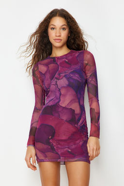 TRENDYOLMILLA Mavi Bask?l? Tul Fitted/Vucuda Oturan Esnek Mini Orme Elbise TWOAW24EL00135 фото 21