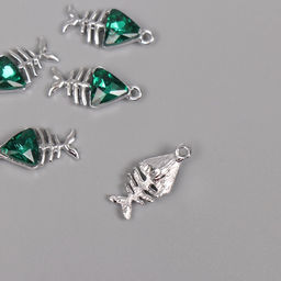 Цена за 5 шт. Декор для творчества металл Скелет рыбы, серебро, зелёный, 1.90.90.5 см - Арт узор фото 2