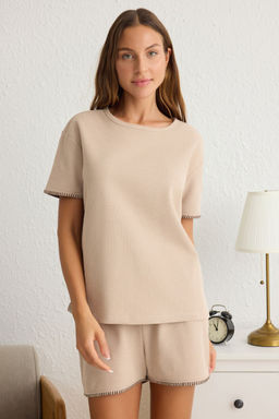 Trendyolmilla Bej Karyoka Dikis Detayl? Waffle Kumas Sortlu Orme Pijama Tak?m? THMSS25PT00157  фото 2