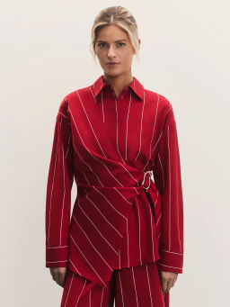 Льняная рубашка в полоску с декоративной пряжкой / Zarina  фото 4