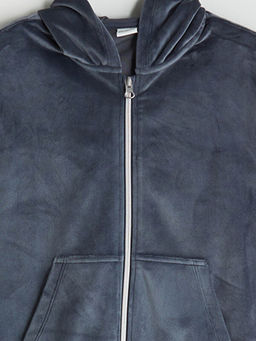 Kap??onlu K?z ?ocuk Kadife Fermuarl? Sweatshirt