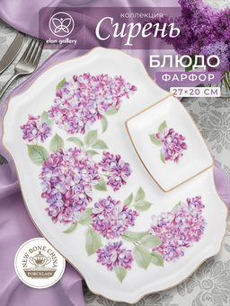 Блюдо д/шашлыка 27*20,5*2,5 см "Сирень" с соусницей, фарфор NEW BONE CHINA