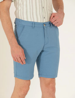 Koyu Mavi Slim Fit Keten Kar___ml_ Beli Lastikli Bermuda _ort