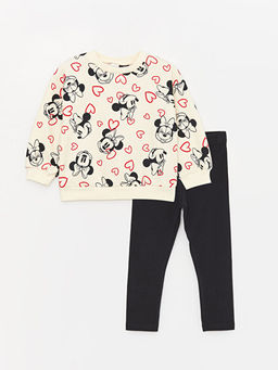 Bisiklet Yaka Minnie Mouse Bask?l? Uzun Kollu K?z Bebek Sweatshirt ve Tayt Tak?m 2li