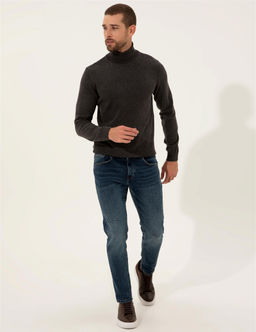 Gri Melanj Slim Fit Bal_k__ Yaka Basic Triko Kazak