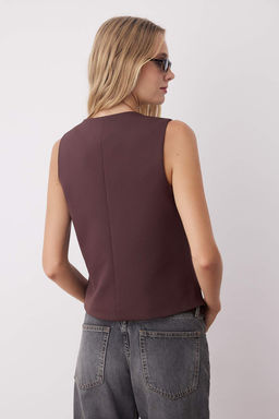 Koyu Kahverengi Fitted Dugmeli Crop Dokuma Yelek TWOSS21YE0009