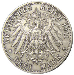 3 марки 1911 года F Германия (Вюртемберг)  25 лет свадьбе Вильгельма II и Шарлотты