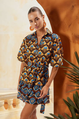 Trendyolmilla Etnik Desenli Mini Dokuma %100 Pamuk Balon Kollu Plaj Elbisesi TBESS25EL00035