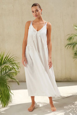 Ekru Dokuma Aksesuar Detayl? Maxi Plaj Elbise TBESS25EL00060