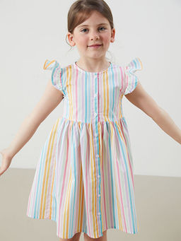 ?nden D??meli ?izgili K?z ?ocuk Poplin Elbise