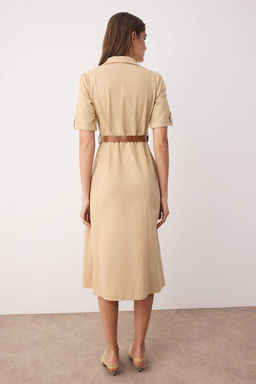 Trendyolmilla Haki Kemerli Keten Kar?s?ml? Cep Detayl? Midi Dokuma Gomlek Elbise TWOSS25EL00704  фото 11