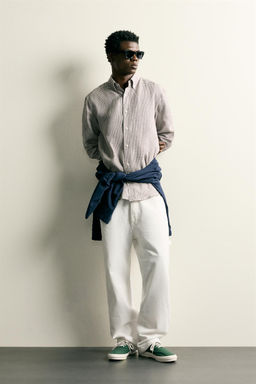 CAMISA REGULAR FIT CUADROS 100% LINO / Tostado