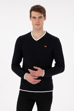 Erkek Regular Fit V Yaka Lacivert Yaka Detayl_ Kazak