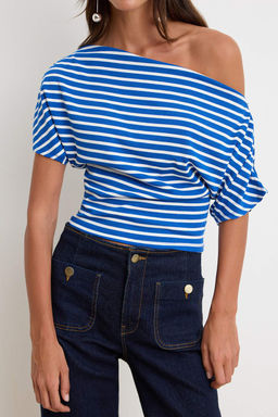 Lacivert Cizgili Regular Kal?p Asimetrik Yaka Buzgulu Crop Fitilli Esnek Orme Bluz TWOSS26BZ00376