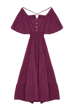 Murdum Belden Ac?lan Gipe ve S?rt Detayl? Kare Yaka Maxi Dokuma Elbise TWOSS24EL00431