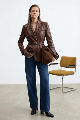 Kahverengi Kemerli Kruvaze Kapamal? Suni Deri Dokuma Blazer Ceket TWOAW26BC00002