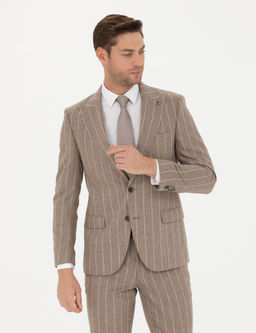 Bej _izgili Ekstra Slim Fit Y_n Tak_m Elbise