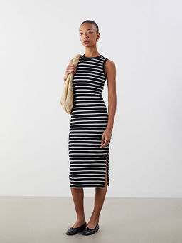 Bisiklet Yaka ?izgili Bodycon Elbise