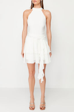 TRENDYOLMILLA Ac?k Mavi A-Kesim F?f?rl? Dokuma K?sa S?k Abiye Elbise TPRSS24EL00122  фото 13