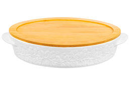 Блюдо д/зап и серв 35*24*8 см 2,5 л "Птички на ветке" овал + дерев. крышка-подставка