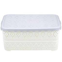 Домашняя мода Корзина пластмассовая для хранения Вышивка 26,5х19см h11,1см, матовый пластик, с серой крышкой, с ручками, ванильный (Китай)  фото 3
