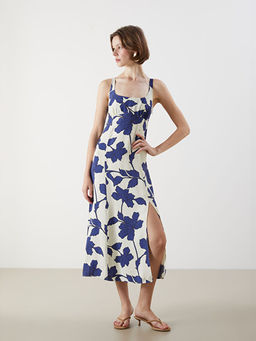 U Yaka ?i?ekli Ask?l? Elbise