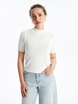 Dik Yaka D?z K?sa Kollu Kad?n Triko Kazak