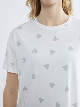 Bisiklet Yaka Kalp Bask?l? Kad?n Pijama ?st?