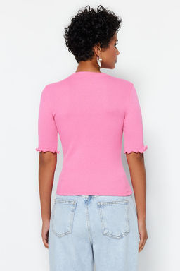 Pembe Fitilli Fitted/Vucuda Oturan Bisiklet Yaka Esnek Orme Bluz TWOSS23BZ00025