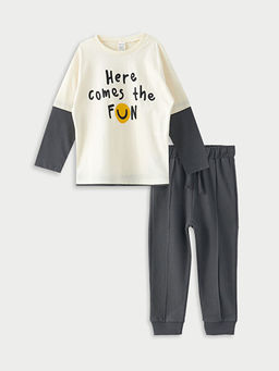 Bisiklet Yaka Uzun Kollu Bask?l? Pamuklu Erkek Bebek Ti??rt ve E?ofman Alt 2li Tak?m