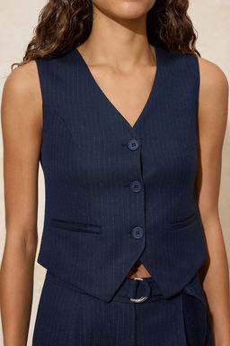 Lacivert Fitted Kendinden Cizgili Dokuma Yelek TWOSS26YE00007 - Trendyolmilla фото 4
